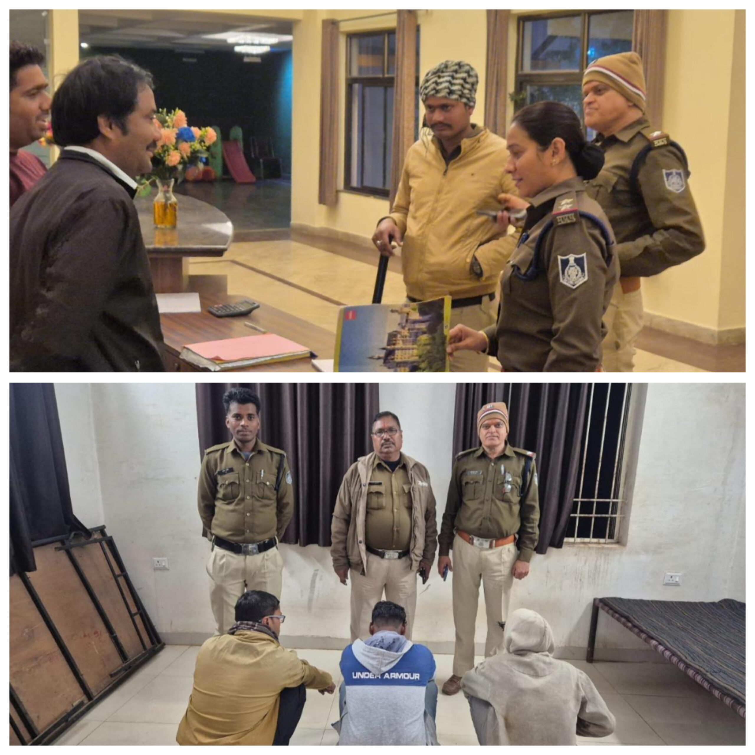Katni Police officers seizing illegal liquor during a special campaign before Republic Day.