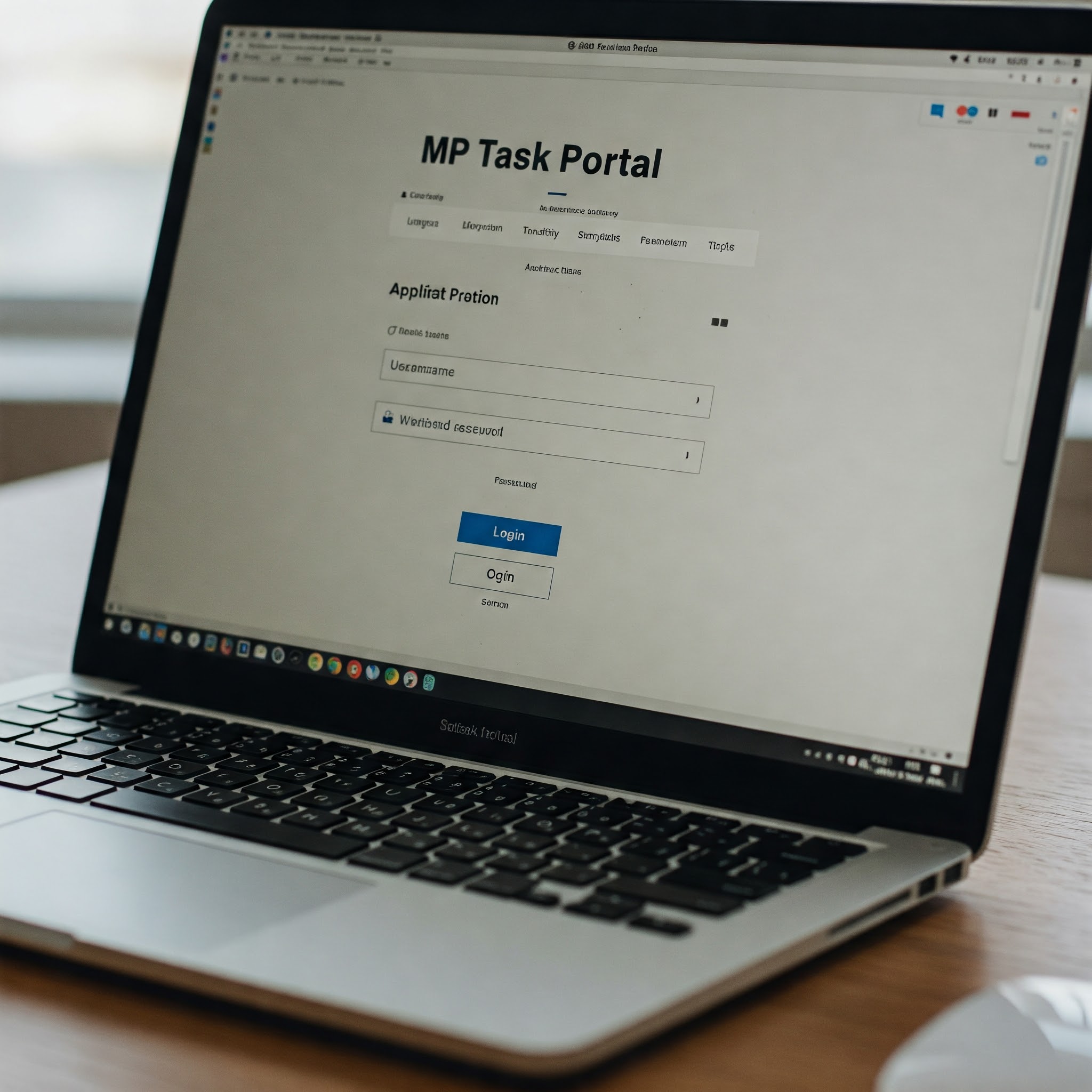 Close-up of a laptop screen showing the MP Task Portal login page with fields for username