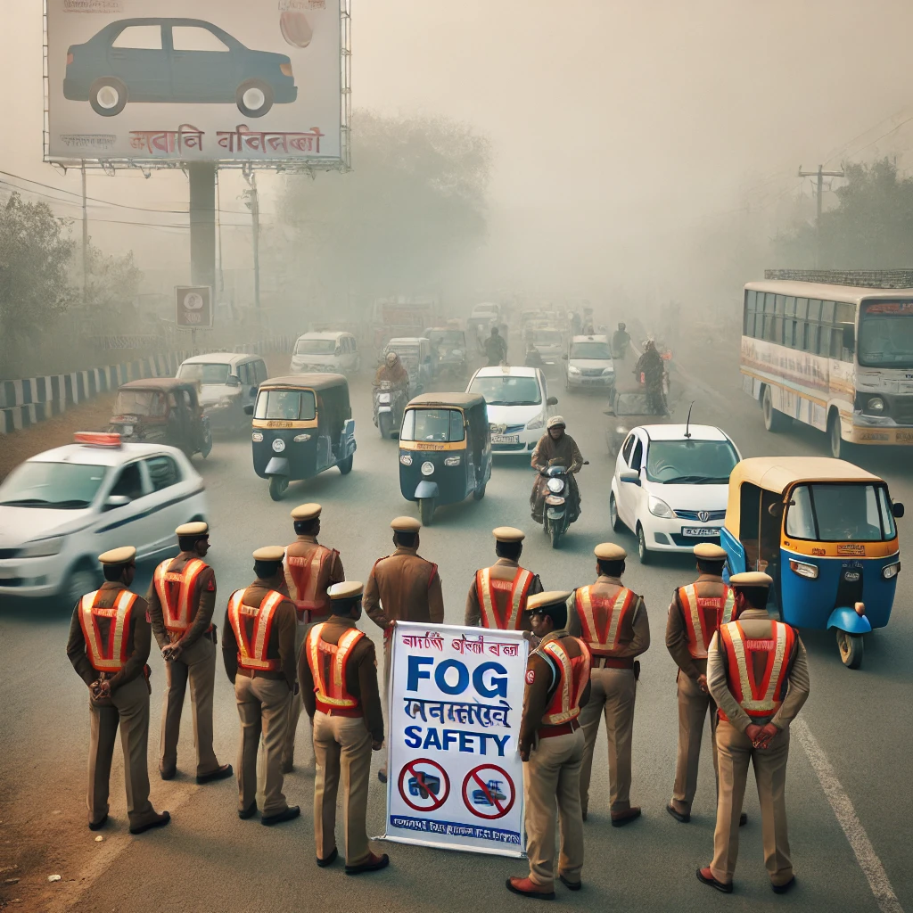 An image of a police officer conducting a fog awareness program, with a foggy landscape in the background. The officer is speaking to a group of people or drivers, using a podium or a sign with safety tips. The atmosphere is hazy due to fog, highlighting the importance of visibility and caution on the roads. The program focuses on educating the public about fog-related driving risks and safety measures.