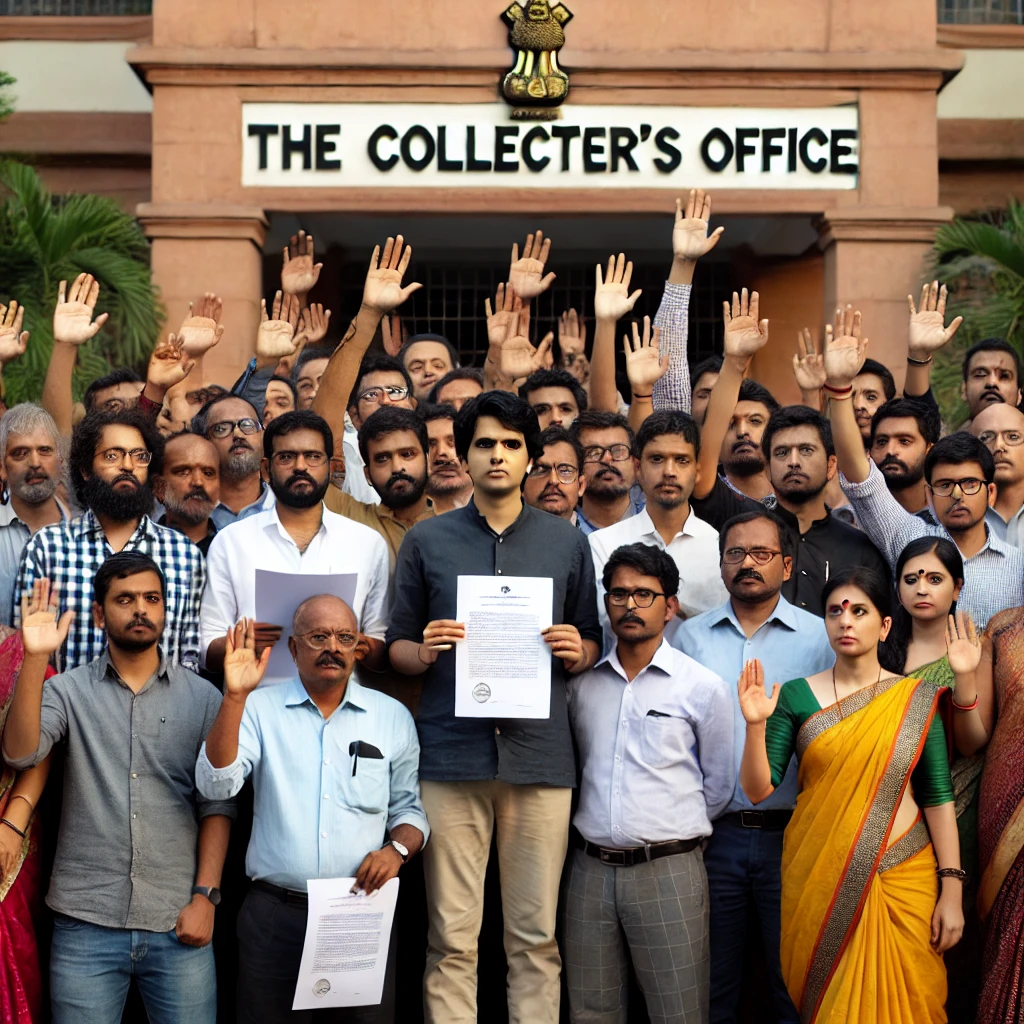 Group of journalists gathered together, holding a memorandum and demanding the implementation of the Journalist Protection Act. The scene shows a mix of men and women dressed in professional attire, with some holding papers, while others raise their hands in solidarity. Their expressions are determined and focused on their cause.