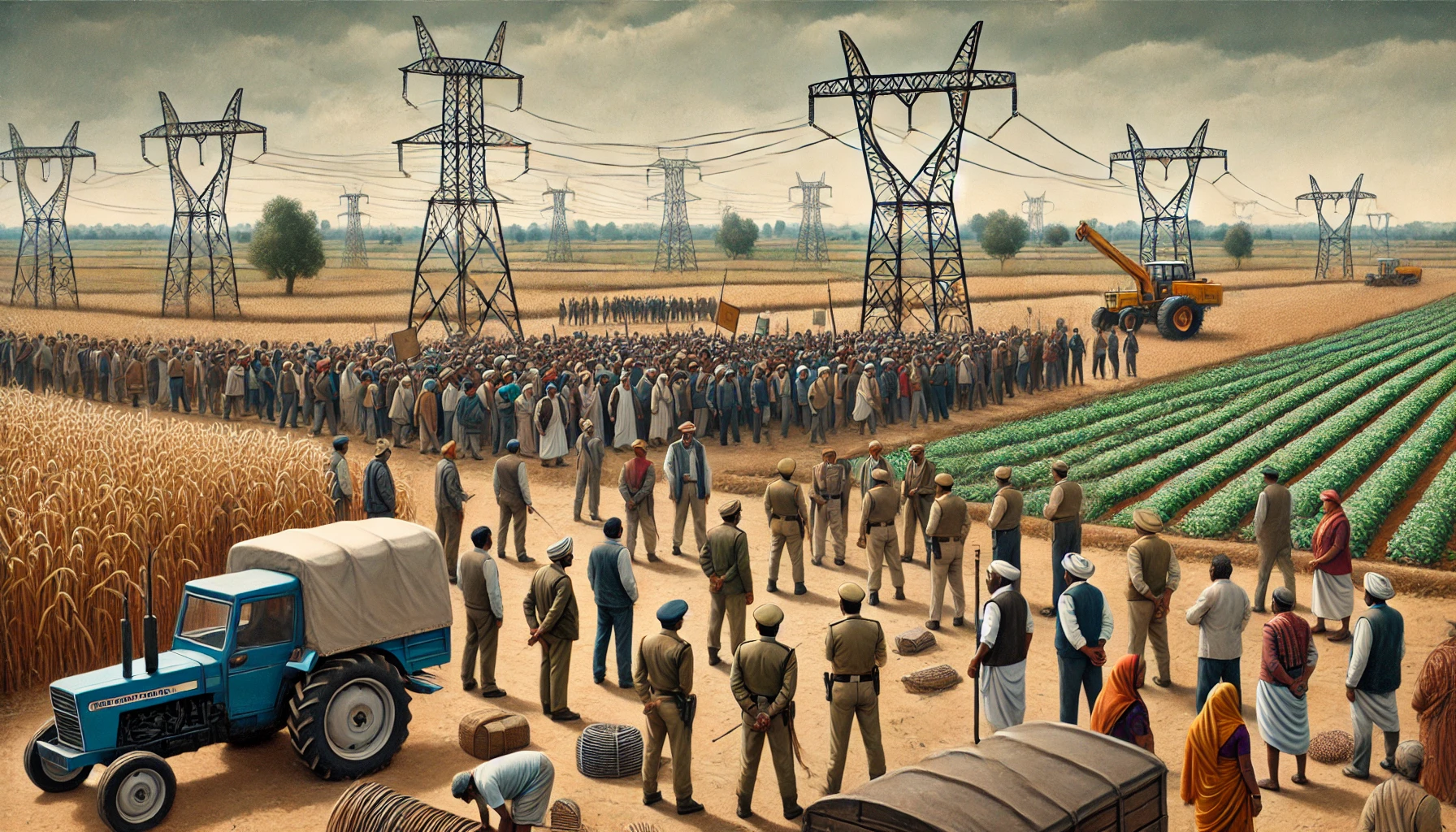 Farmers in Guna district protesting against electricity shortages for irrigation, with a rural backdrop and visible police presence, highlighting their struggle and the tension in the area.