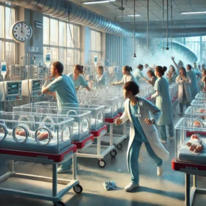 A hospital ward with incubators where doctors and nurses rush to manage an oxygen crisis, while worried parents wait outside.