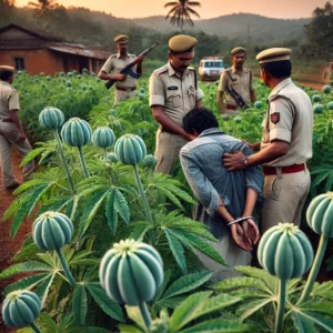 SP Agamya Jain inspects seized opium plants in Chhatarpur during anti-drug operation.