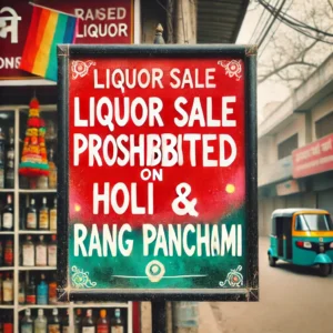 A notice board outside a closed liquor shop displaying "Liquor Sale Prohibited on Holi & Rang Panchami" in Narsinghpur.