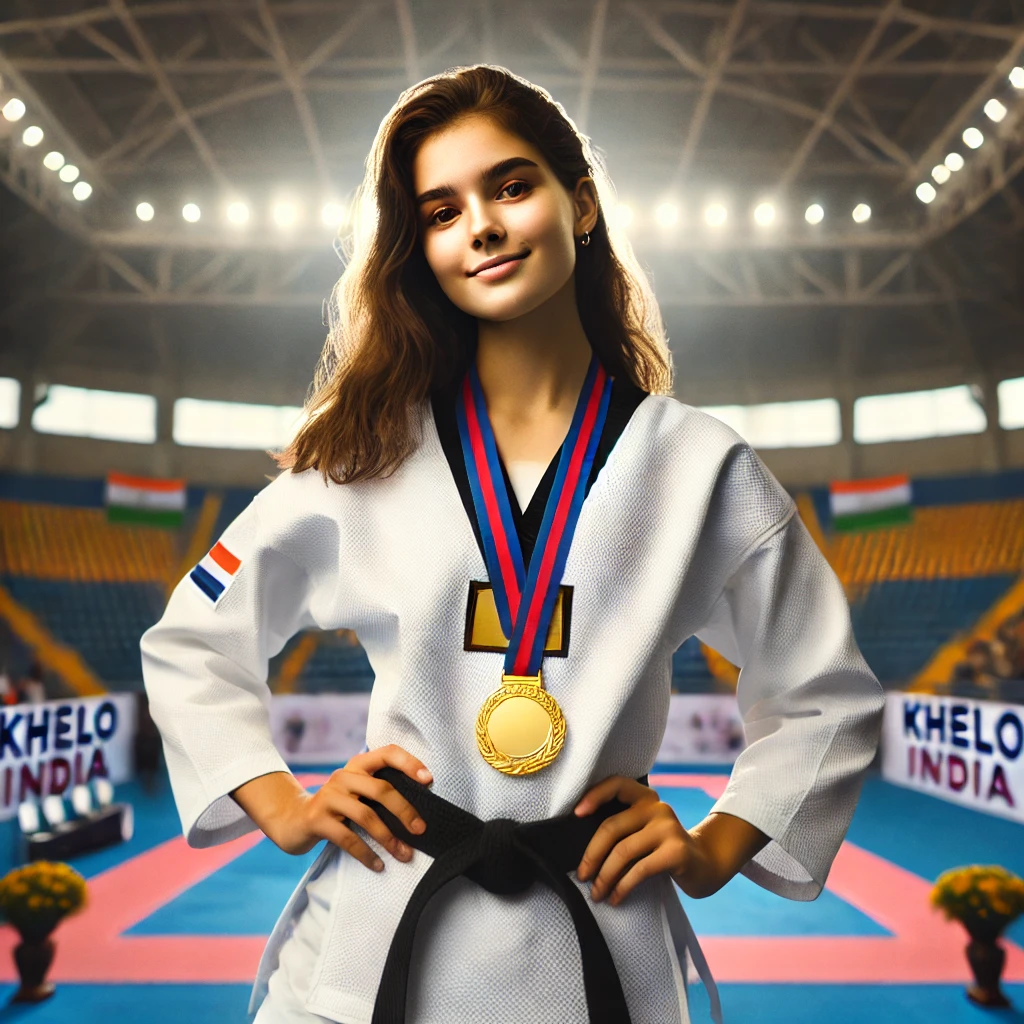 A young female Taekwondo athlete proudly displaying her gold medal at the Khelo India Women’s Tournament.
