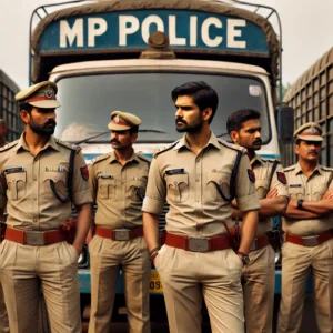 Indian police officers in khaki uniforms inspecting a truck in Morena, Madhya Pradesh, with seized cannabis bundles visible under animal fodder sacks