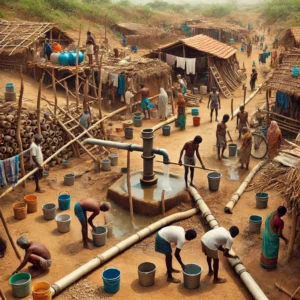 Villagers of Nayapura using poles and rooftops to lay their own water pipelines due to severe water shortage.