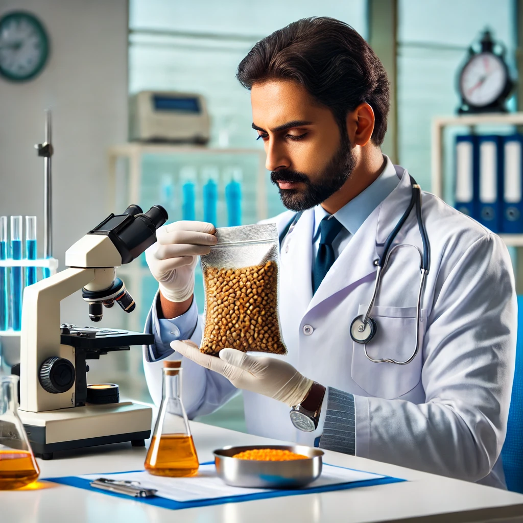 An Indian food safety officer testing a sample of dal in a laboratory for adulteration.
