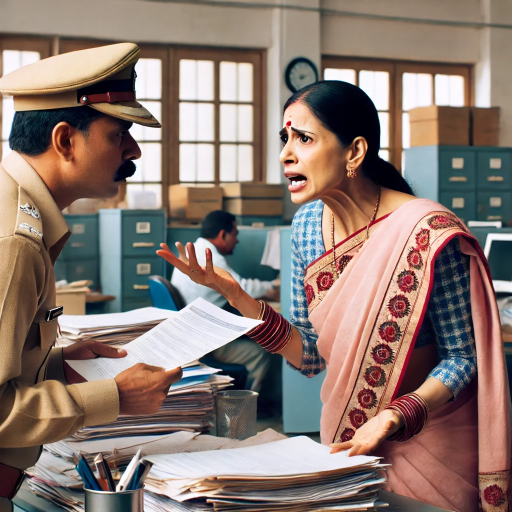A distressed Indian woman, around 45 years old, holding official documents and arguing with a government officer in Bhind.