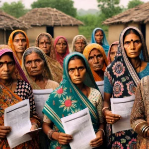 Tribal women holding loan documents, looking concerned, symbolizing financial fraud in Shahdol, India.