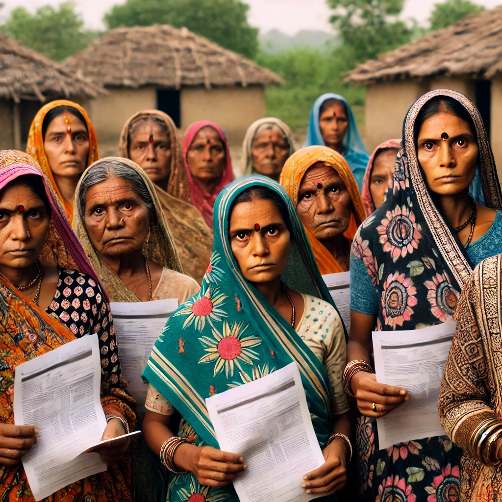 Tribal women holding loan documents, looking concerned, symbolizing financial fraud in Shahdol, India.