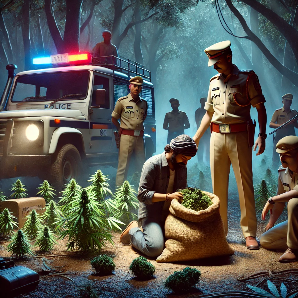 Katni police officers arresting a smuggler in a dense Indian forest at night, seizing illegal cannabis.