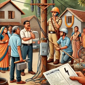 Electricity department officials disconnecting power connections in an Indian village due to unpaid dues.