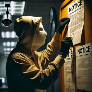 A masked individual secretly pasting a notice on Balaghat Collectorate’s office wall at night, exposing corruption allegations and highlighting security vulnerabilities