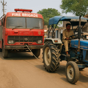 A tractor towing a broken fire brigade vehicle in a dusty village road.