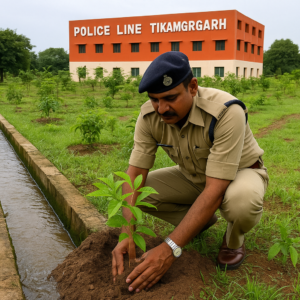 TI Kailash Patel planting trees using wastewater in Tikamgarh Police Ground