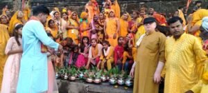 Devotees participating in Kalash Yatra during Shrimad Bhagwat Katha event in Gyaraspur, Madhya Pradesh.