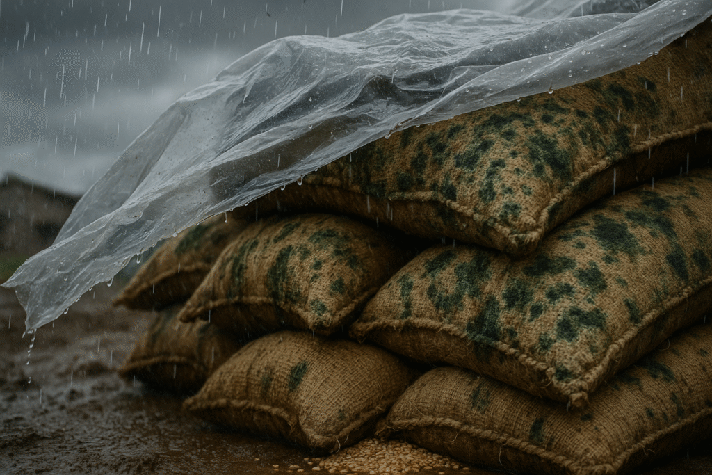 Rain-soaked wheat sacks at Dindori procurement center with torn plastic cover, showing government negligence in protecting crops.