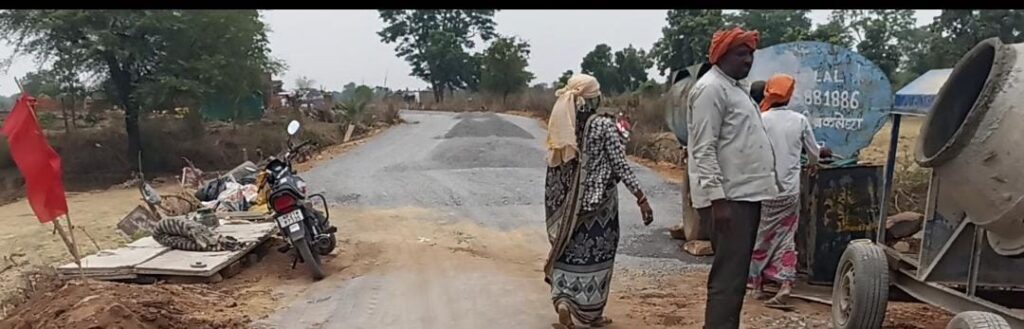 Angry Katni villagers protesting near incomplete PWD bridge construction site showing poor quality materials
