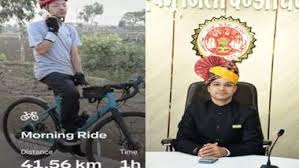 Collector Aditya Singh cycling during surprise inspection at Karela Dham, Ashoknagar