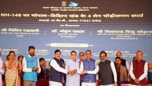 Nitin Gadkari, CM Mohan Yadav and Shivraj Singh Chouhan inaugurating road development projects in Vidisha Madhya Pradesh