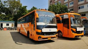New government bus under Sugam Parivahan Seva in Madhya Pradesh with reflective tape and rear marking plate raising tender transparency questions
