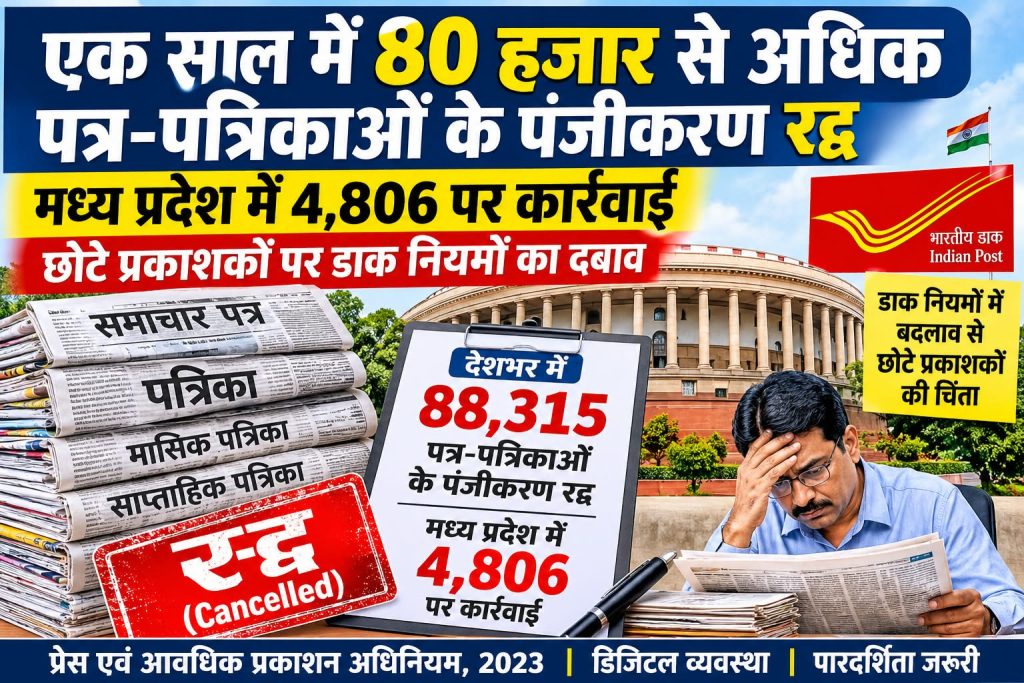 Newspaper registration cancellation in Madhya Pradesh affecting 4,806 publications, reported by MP Samwad News.